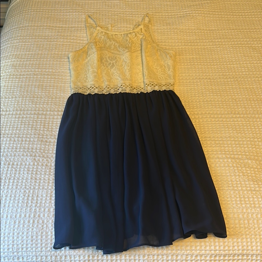 by & by White and Navy Pleated lace sundress